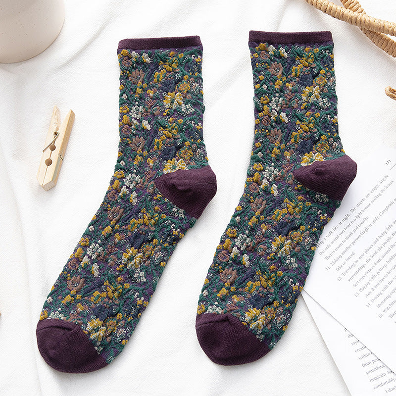 Socken Damen Tube Retro Kleine Blumen Geißblatt Mode Baumwollsocken