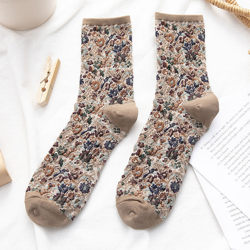 Socken Damen Tube Retro Kleine Blumen Geißblatt Mode Baumwollsocken