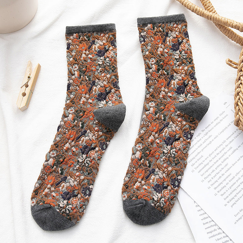 Socken Damen Tube Retro Kleine Blumen Geißblatt Mode Baumwollsocken