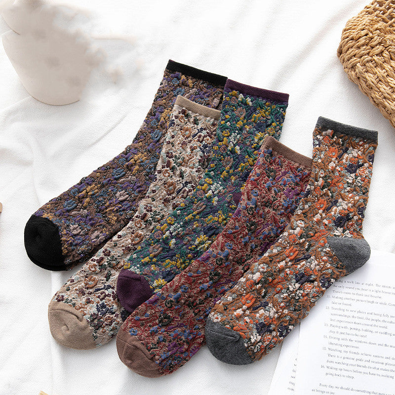 Socken Damen Tube Retro Kleine Blumen Geißblatt Mode Baumwollsocken