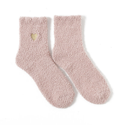 秋冬刺繡愛心珊瑚絨襪